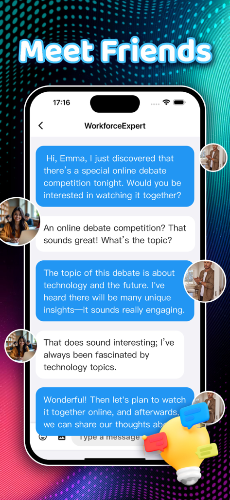 KloGli - Private chat interface in the KloGli app showing a discussion between users about an upcoming debate