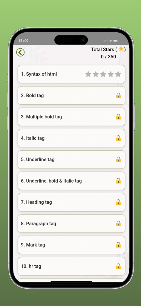HTML Code Play - Interface of HTML Code Play app displaying a list of HTML tutorial modules and progress stars
