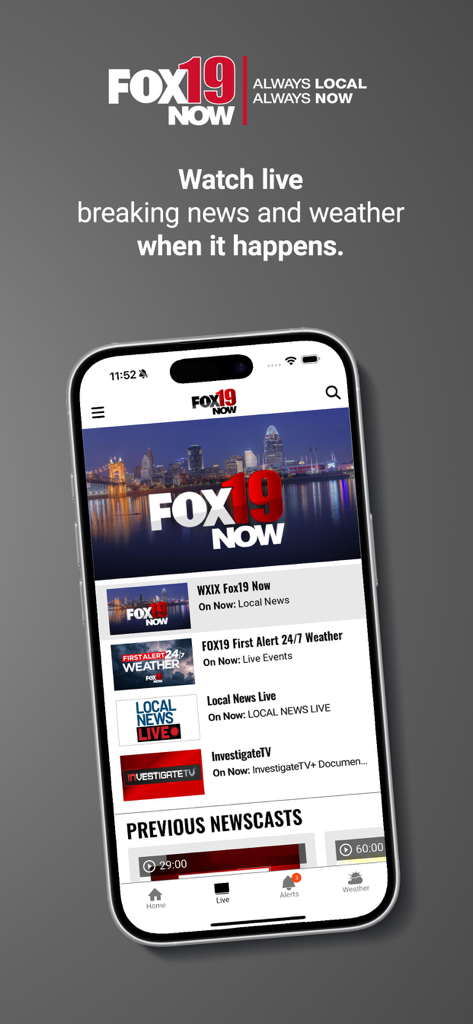 FOX19 NOW - FOX19 NOW mobile app screen showing live local news and weather categories