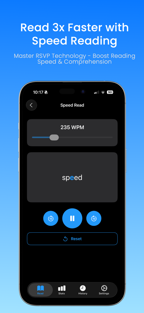 Scholarly - Smart Reading AI - Scholarly app interface showing speed reading mode with RSVP technology and words per minute adjustment.