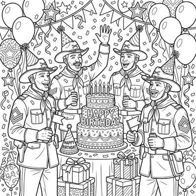 Get ready to color a heartwarming scene as brave Buffalo Soldiers gather for a festive birthday celebration. This delightful page is packed with balloons, cake, and pure joy, perfect for all ages.