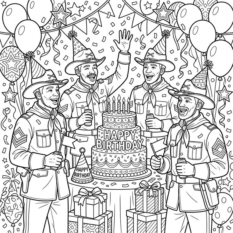Get ready to color a heartwarming scene as brave Buffalo Soldiers gather for a festive birthday celebration. This delightful page is packed with balloons, cake, and pure joy, perfect for all ages.