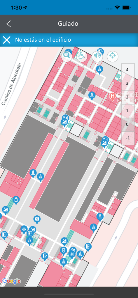 H.U. General de Villalba - Indoor navigation map of the hospital showing floor layout and service locations