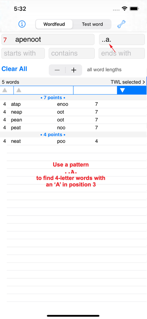 Words Finder Wordfeud/TWL - Words Finder app interface showing a search for words using a letter pattern filter