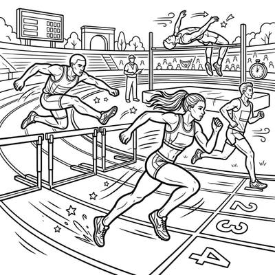Capture the thrilling energy of a track and field competition with this engaging coloring page. Featuring various athletic events, it's perfect for sports enthusiasts of all ages looking for a creative challenge.