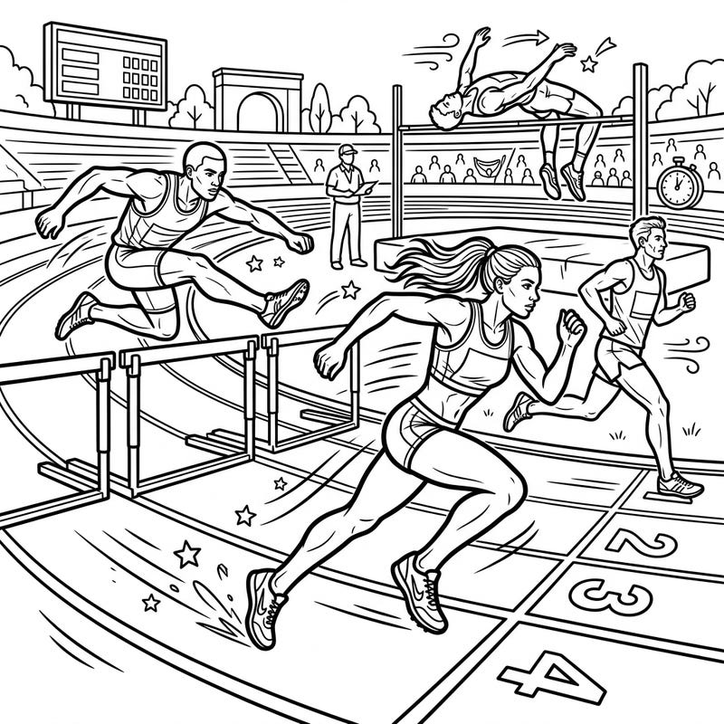 Capture the thrilling energy of a track and field competition with this engaging coloring page. Featuring various athletic events, it's perfect for sports enthusiasts of all ages looking for a creative challenge.