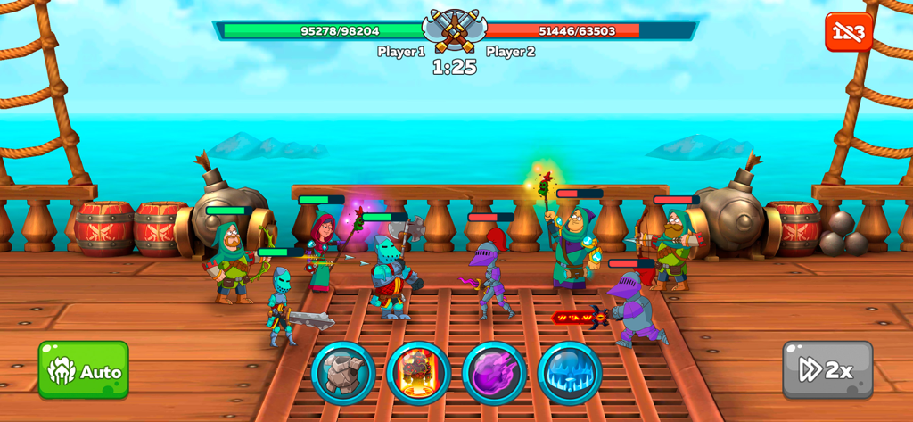 Hustle Castle・Medieval Kingdom - A PvP battle scene in Hustle Castle featuring cartoon medieval characters fighting on a ship