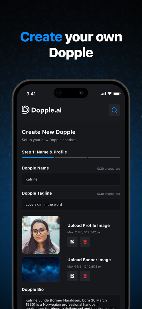 Interface de création d'un chatbot IA personnalisé sur Dopple.AI montrant la configuration du nom et de l'image de profil