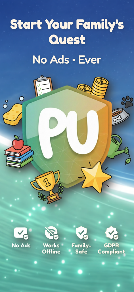 PointUp: Kids Chore Tracker - Pantalla de inicio de la aplicación PointUp que destaca la ausencia de anuncios, el trabajo sin conexión, la seguridad familiar y el cumplimiento del GDPR