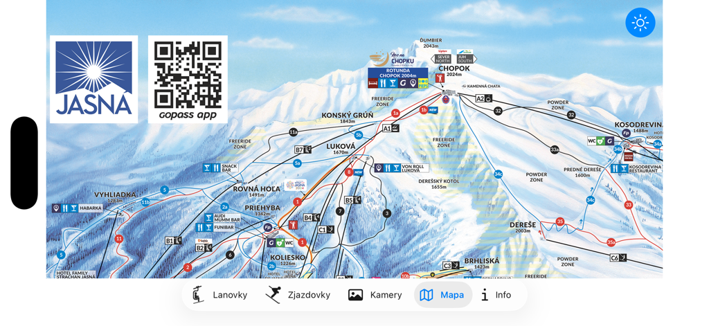 Interaktive Skigebietskarte von Jasna Nizke Tatry mit Pisten, Liften und Berggipfeln
