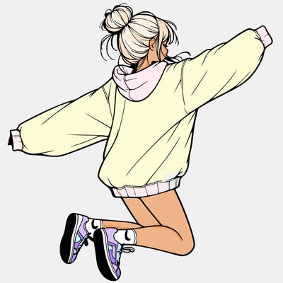 realistic girl jumping with a bun and oversized sweatshirt
