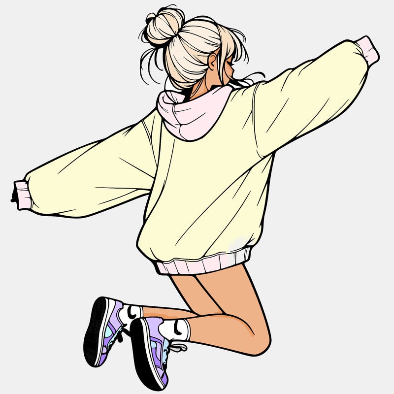 realistic girl jumping with a bun and oversized sweatshirt