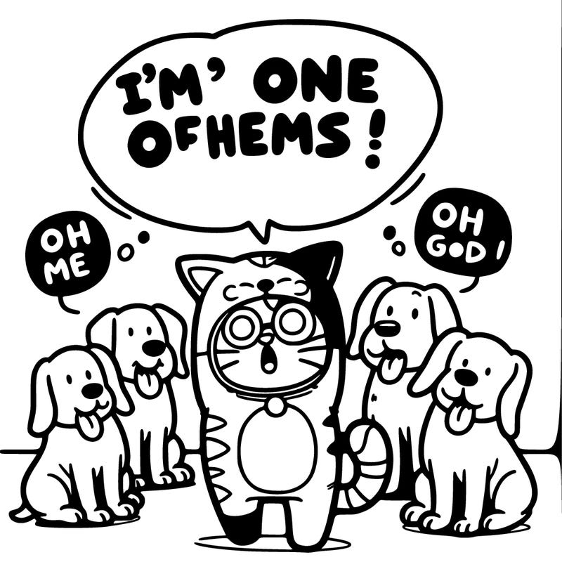 a cat disguising as a dog saying “i’m one of them!” in a room of five dog saying “oh my god”