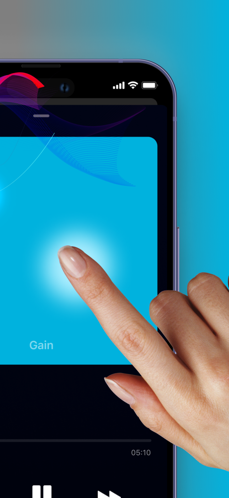 Volume Booster for Spotify - Un dedo ajustando el control de ganancia de audio en la interfaz de la aplicación Volume Booster para Spotify