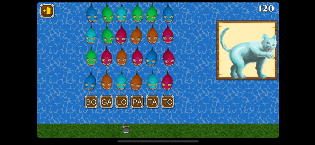 Cuca - クカアプリの読み書きゲーム画面。教育目的で、音節と猫の写真が表示されています。