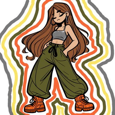 girl in baggy pants crop top and long hair