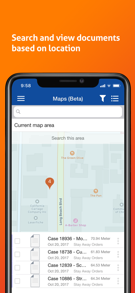 Una captura de pantalla de la aplicación Laserfiche que muestra la función de búsqueda de documentos basada en mapas que permite a los usuarios encontrar archivos según su ubicación física.