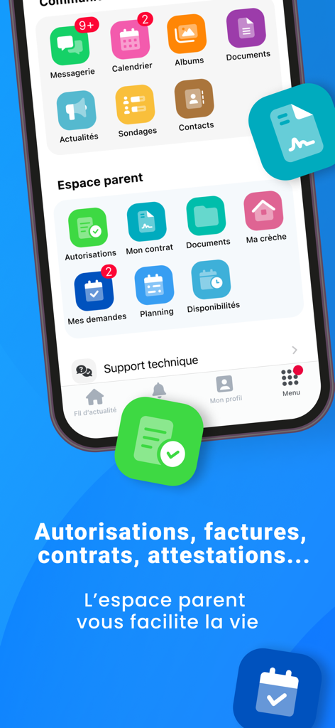 Kidizz - Interface de l'application mobile Kidizz montrant le tableau de bord parental pour la gestion des documents et des emplois du temps de garde d'enfants