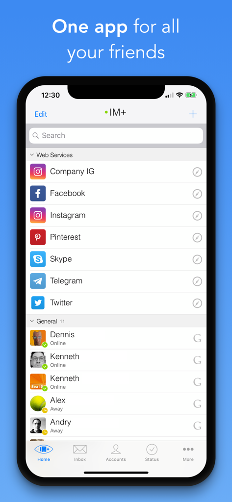 IM plus Pro interface showing integrated social media services and contact lists on an iPhone