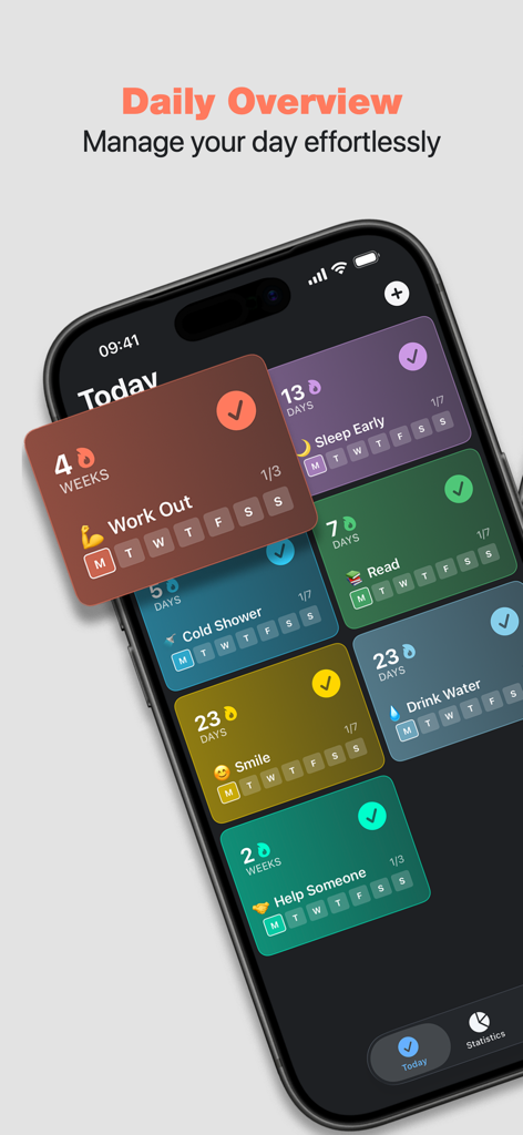 HabitGlass: Habit Tracker - A smartphone screen displaying the HabitGlass app daily overview with colorful habit tracking tiles for workout, sleep, and hydration.