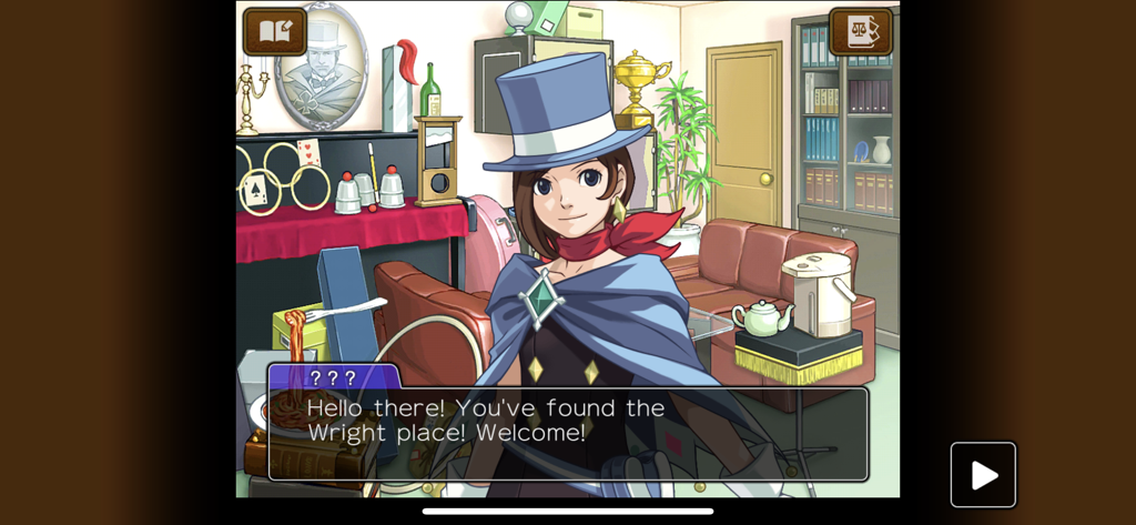 Trucy Wright wearing a blue top hat and cape greeting the player in a room filled with magic props