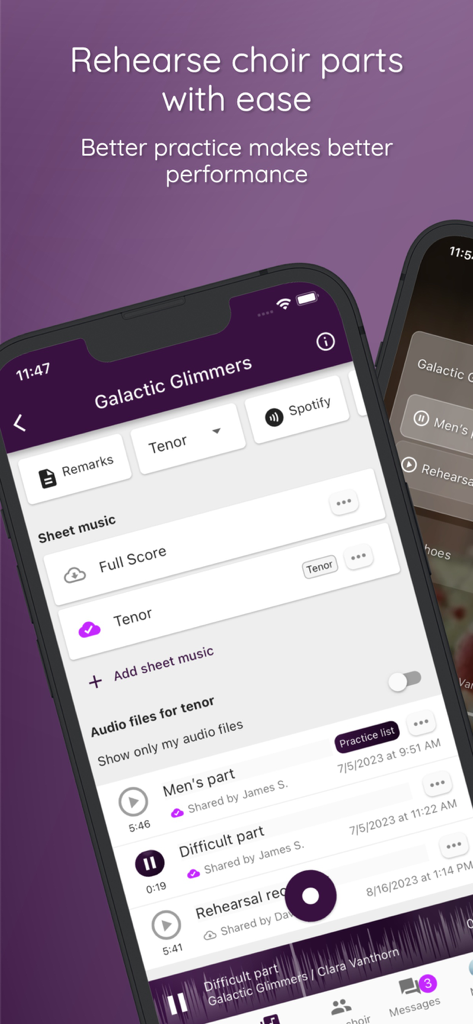 Interface of the ChoirMate app showing sheet music and audio practice tracks for a choir rehearsal.