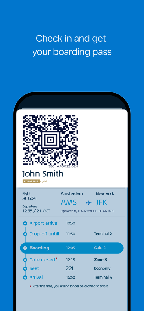 Tarjeta de embarque digital en la app móvil KLM que muestra detalles del vuelo y un código QR para un viaje de Ámsterdam a Nueva York.
