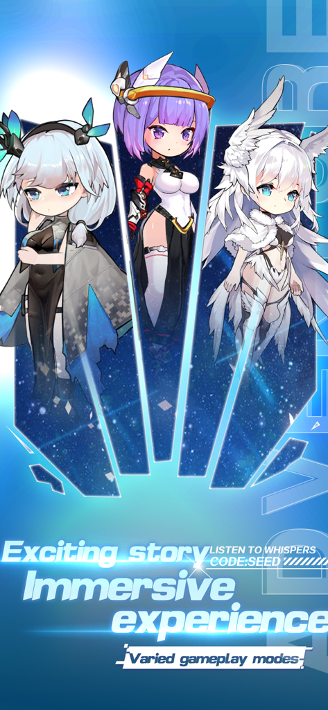 Drei weibliche Charaktere im Anime-Stil auf blauem Sternenhintergrund mit Werbetext über immersives Gameplay und eine spannende Geschichte