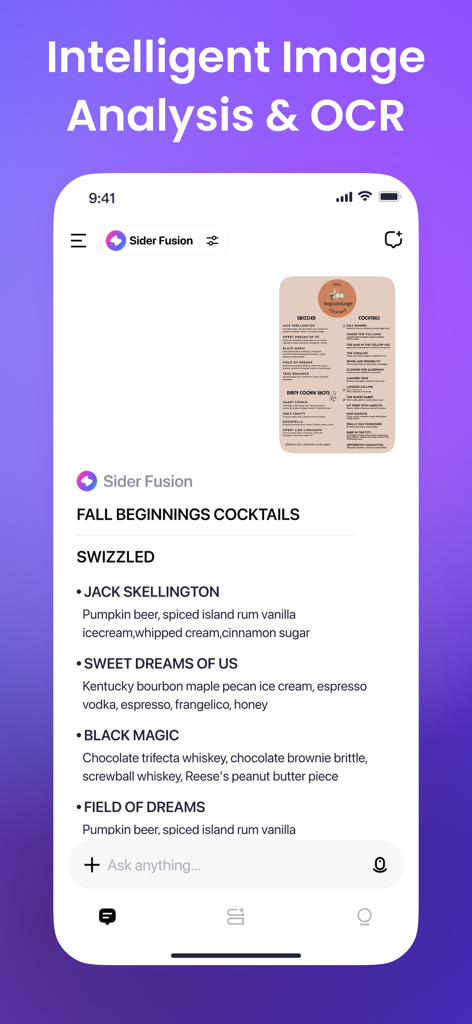 Sider: AI GPT Deep Chat - Sider AI app interface showing intelligent image analysis and OCR text extraction from a menu