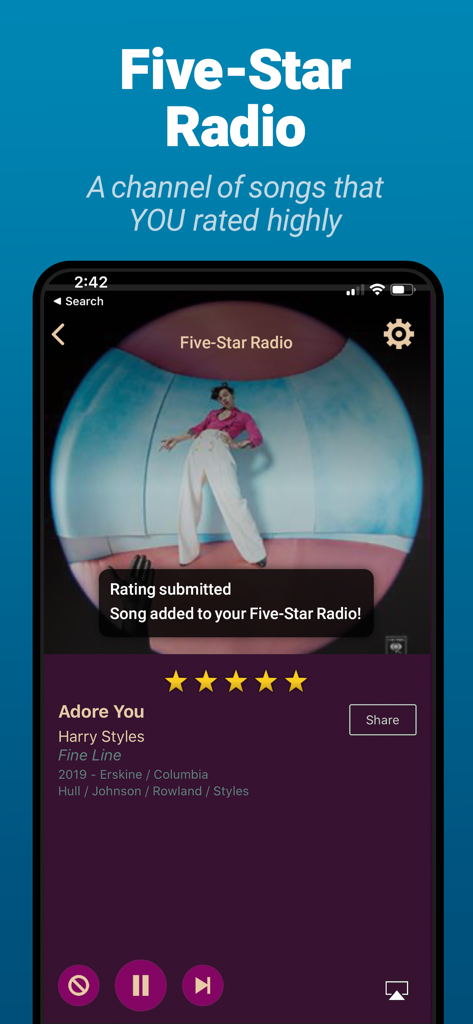 AccuRadio: Curated Music Radio - AccuRadio app showing the Five-Star Radio feature with a song rated and added to a personalized channel.