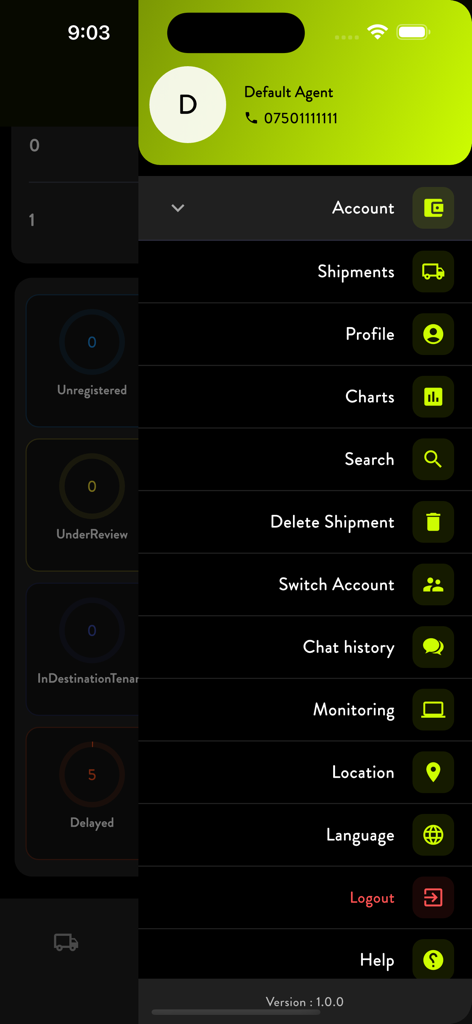 Das seitliche Navigationsmenü der Guaranty Post App zeigt Verwaltungsoptionen für Sendungsdiagramme und Überwachung an.