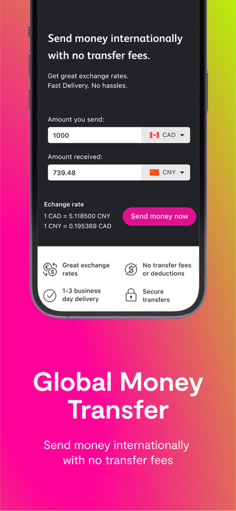 Simplii Financial - Simplii Financial App-Oberfläche mit internationaler Geldüberweisung ohne Gebühren und Währungsumrechnung