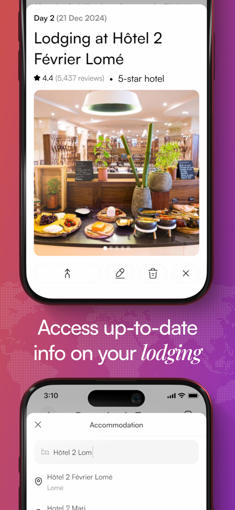 Trip o'clock: Travel anywhere - Interface do aplicativo Trip o clock mostrando detalhes de acomodação e pesquisa de acomodação para um itinerário de viagem