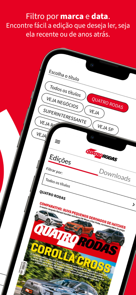 Quatro Rodas - Interface do aplicativo Quatro Rodas mostrando filtros de marcas de revistas e a capa de uma edição digital de revista de carros