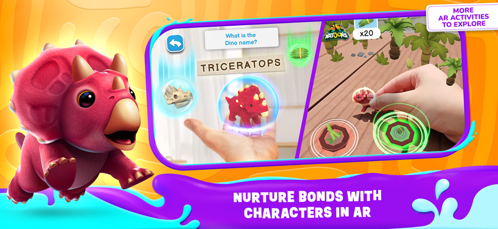 Applaydu Play & Discover - Child interacting with a triceratops toy through the Applaydu augmented reality feature