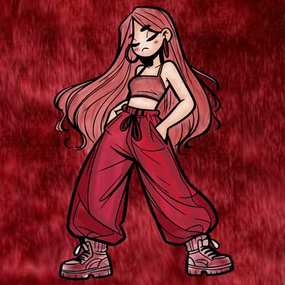 girl in baggy pants crop top and long hair