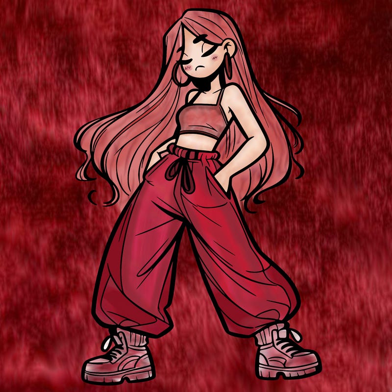 girl in baggy pants crop top and long hair