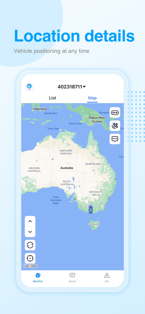 iTrac app interface showing real-time vehicle positioning on a map