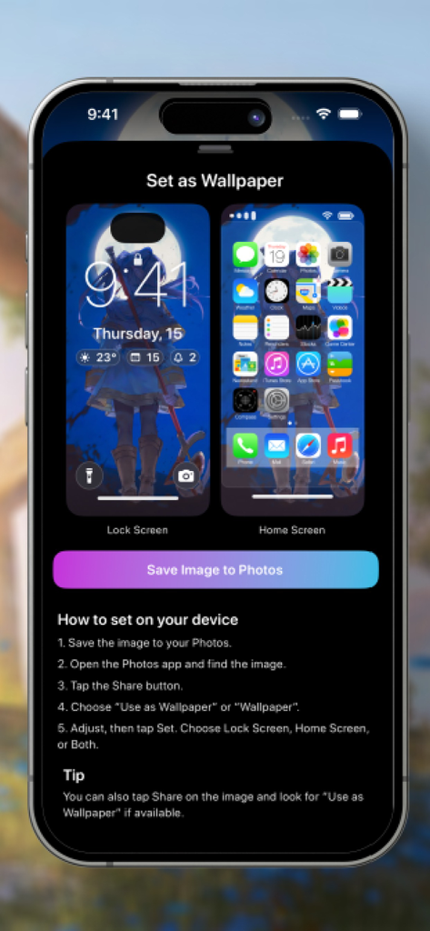 葬送のフリーレン 壁紙HDアプリのインターフェース。ロック画面とホーム画面のプレビュー、およびセットアップ手順を表示。