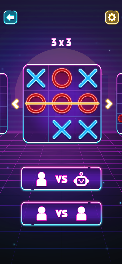 Tic Tac Toe - No Wifi Games - Tic Tac Toe game board with neon X and O symbols showing player versus AI and player versus player modes