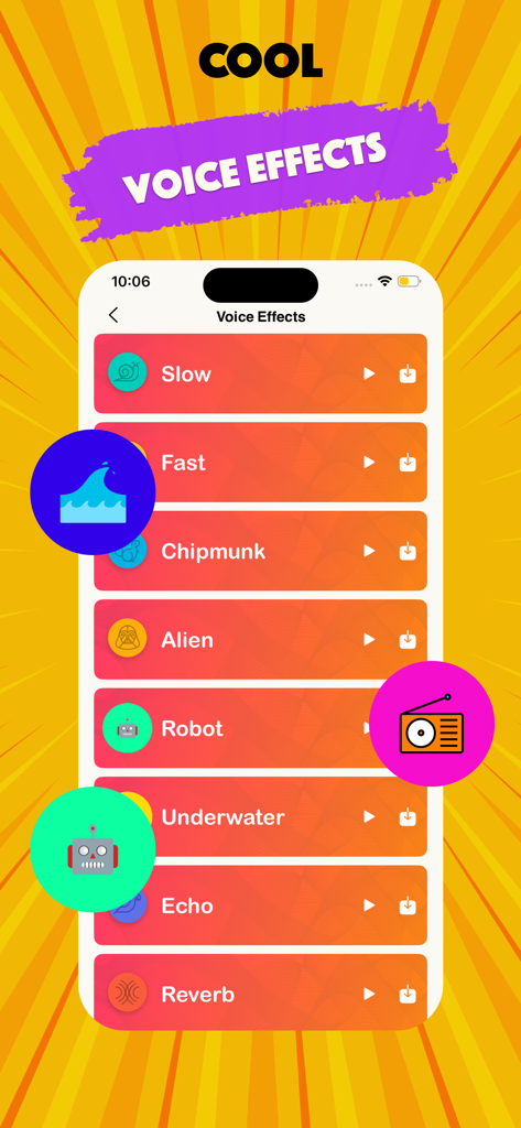 Fart Noise & Funny Fart Sounds - Voice effects menu with options like alien robot and chipmunk