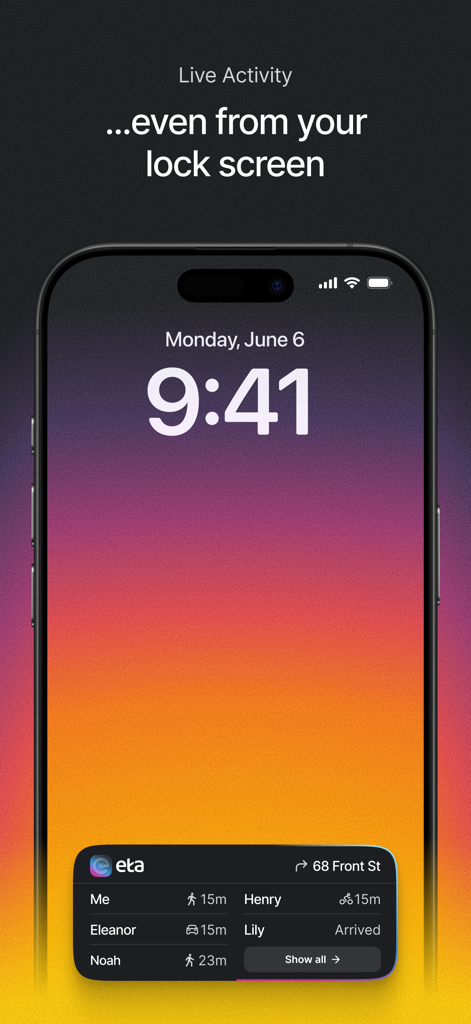 eta: Share ETAs & Journeys - Schermata di blocco dell'iPhone che mostra gli orari di arrivo in tempo reale per un gruppo di amici che utilizzano l'app eta