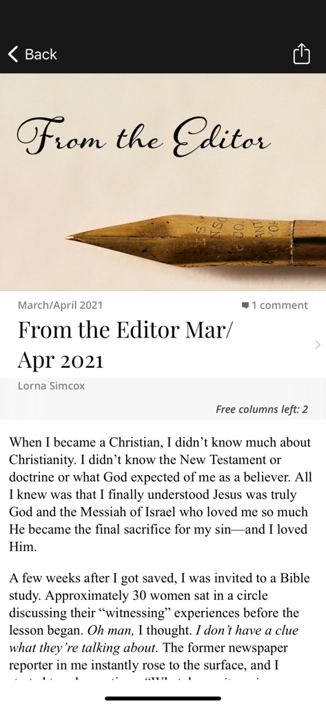 Israel My Glory Magazine - Article éditorial intitulé 'De la part de l'éditeur' dans l'application Israel My Glory Magazine présentant une plume ancienne.