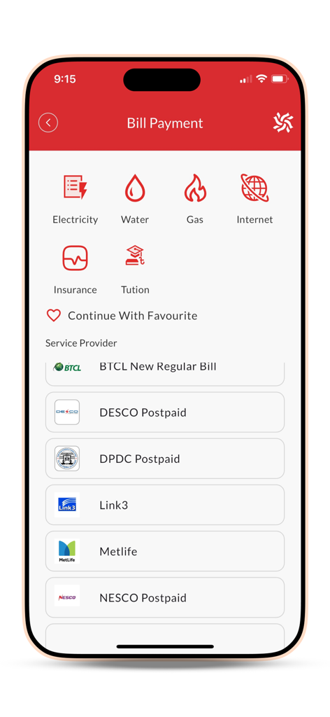 AB Direct Internet Banking app bill payment screen with options for utility and insurance providers