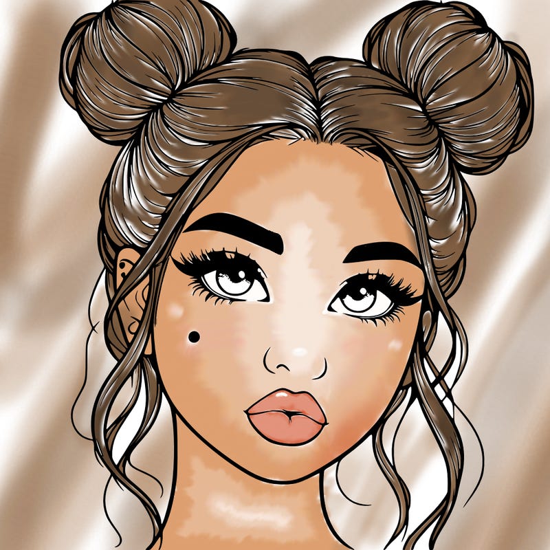 realistic girl with two buns on her hair and lips