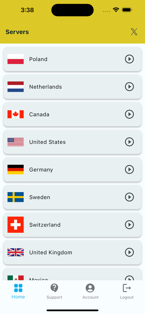 SetupVPN app screen displaying a list of available international server locations including USA Canada and United Kingdom