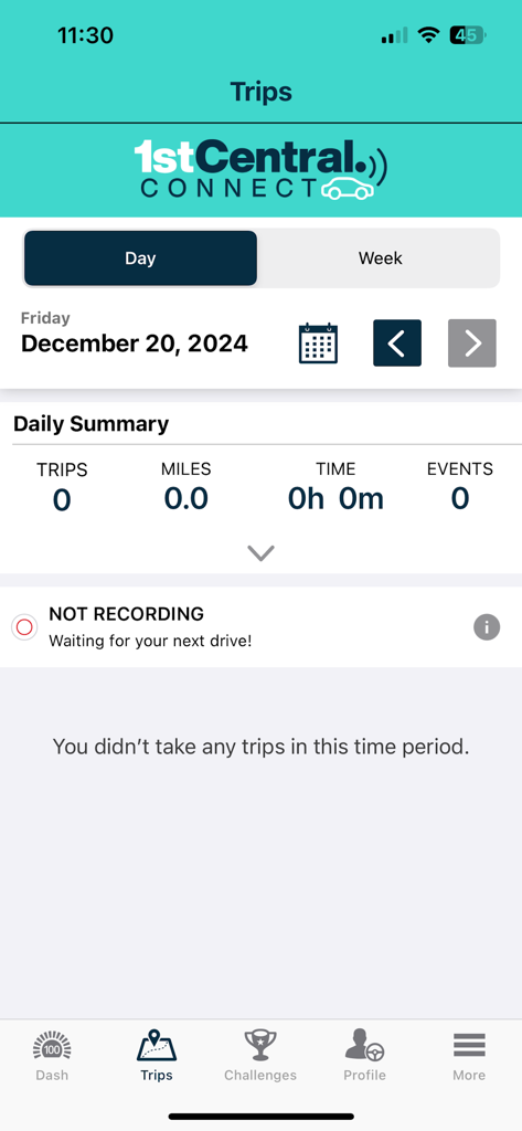 Riepilogo del viaggio di guida giornaliero sulla dashboard dell'app 1st Central Connect
