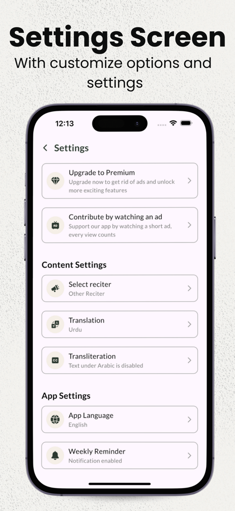 Dua e Tawassul With Audios - Settings screen of Dua e Tawassul app with options to customize audio reciter translation and language