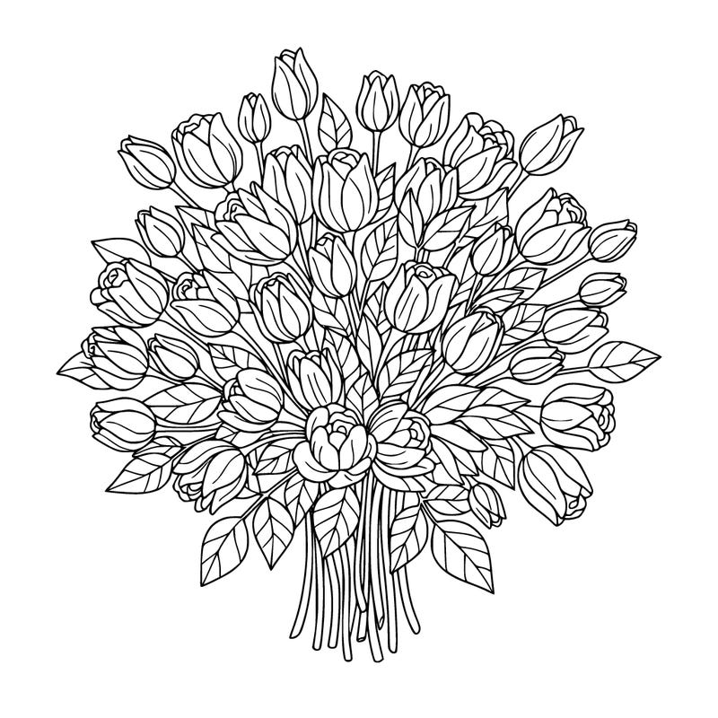 a large bouquet of flowers, all closed lines