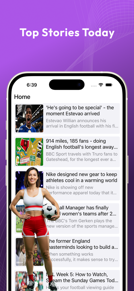 Jimo - Let's play - Jimo app home screen displaying top sports news stories and a character holding a soccer ball.